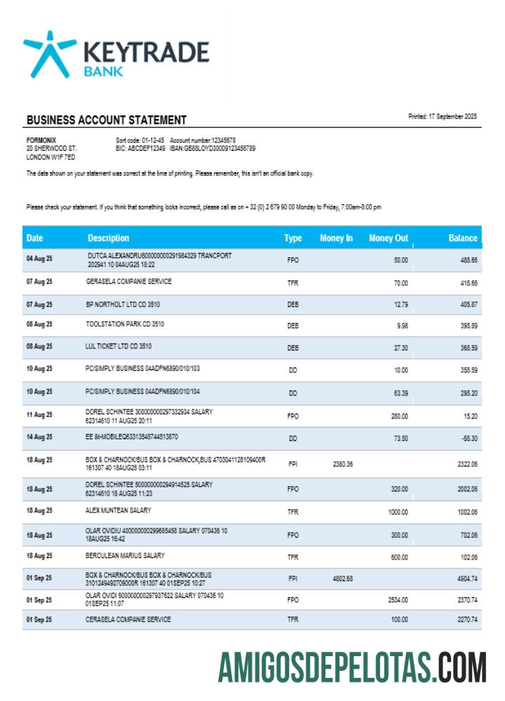 Declaração de empresa de negócios Keytrade em formato Word e PDF amostra